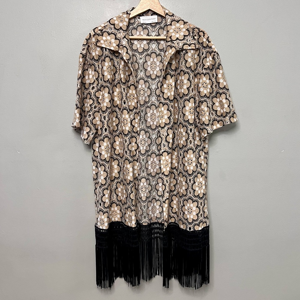 Self Contrast Women’s Floral Doily Tan/Black/White Kimono W/ Fringe Midi Boho